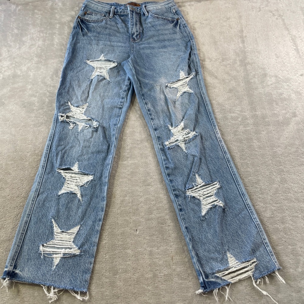 Judy Blue Jeans Womens 9/29 Star Distressed Straight Leg High Rise Mom Boho